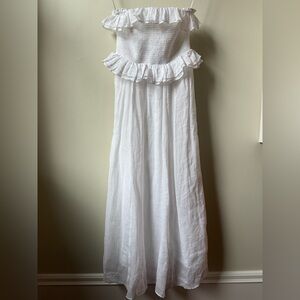 NWT J CREW Ravenna Midi‎ Dress Smocked Ruffle Ramie White Strapless Beach XXS P